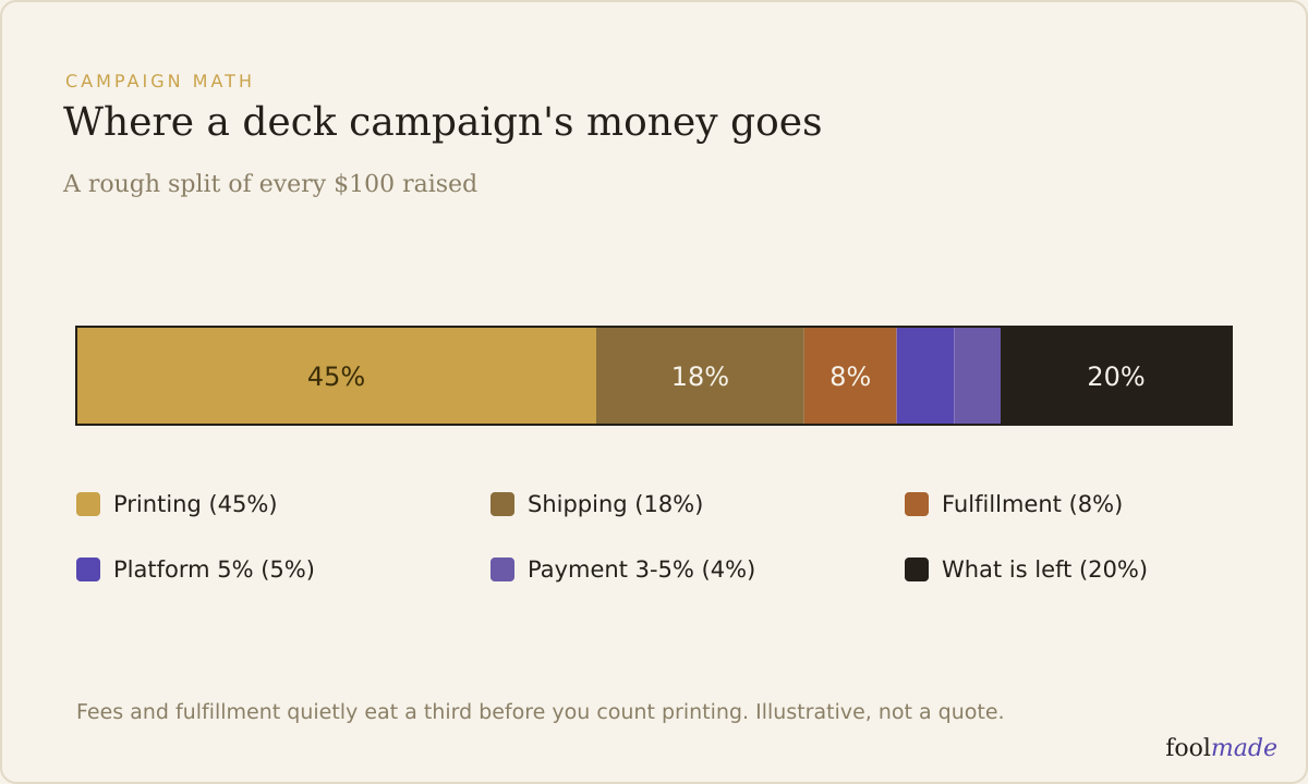 Comparison diagram of Kickstarter, BackerKit, and direct pre-order fees and customer-data ownership for indie deck creators