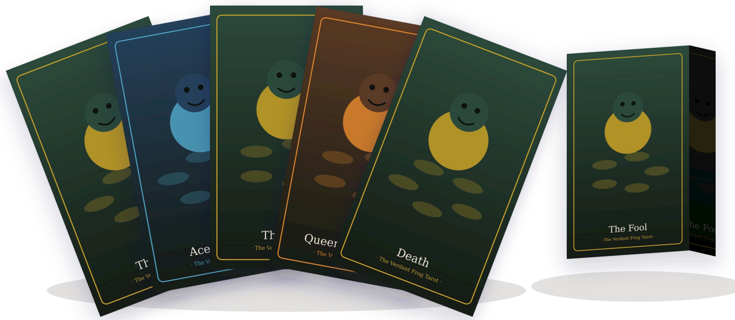 A fan of five hand-made tarot cards
